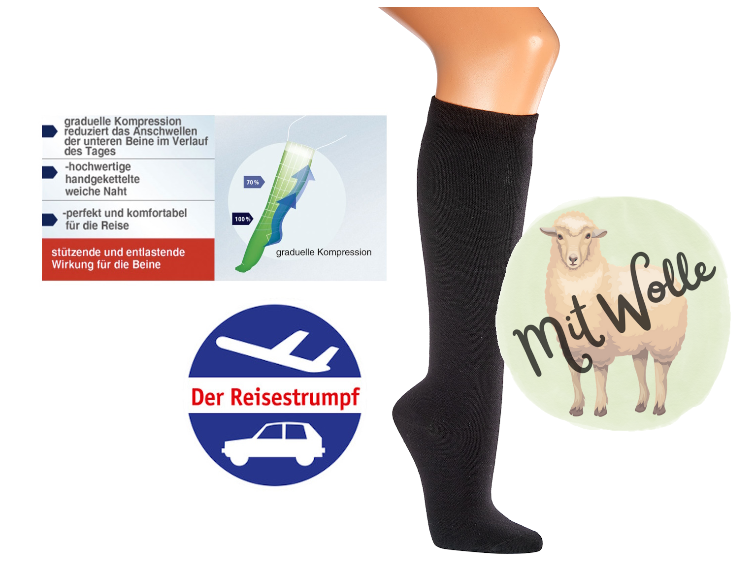 Woll-Strümpfe mit Kompression * 2er-Bündel